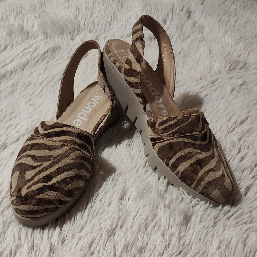 Wonders Spain Wondersfly Suede Platform Slingbacks Tiger Stripe Beige Tan 41 EU